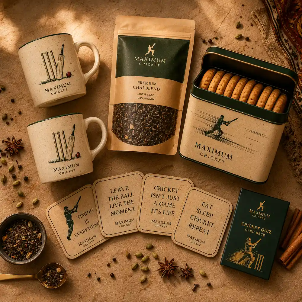 Flat lay of Chai and Cricket Gift Box mugs, chai blend, spices and cricket accessories