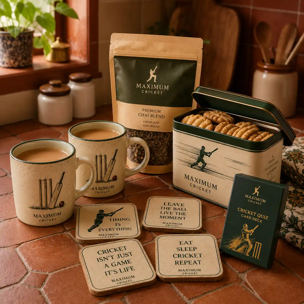 Chai and Cricket Gift Box with steaming ceramic mugs and loose-leaf chai in an Indian kitchen