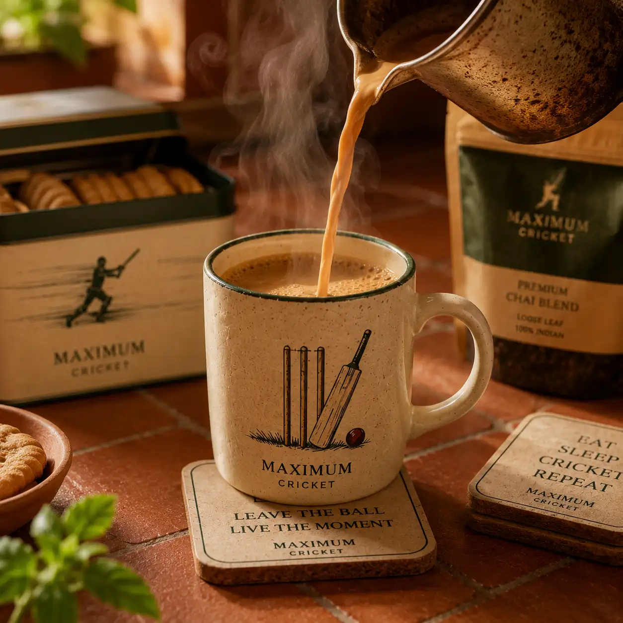 Close-up of chai being poured into a Maximum Cricket mug with visible steam
