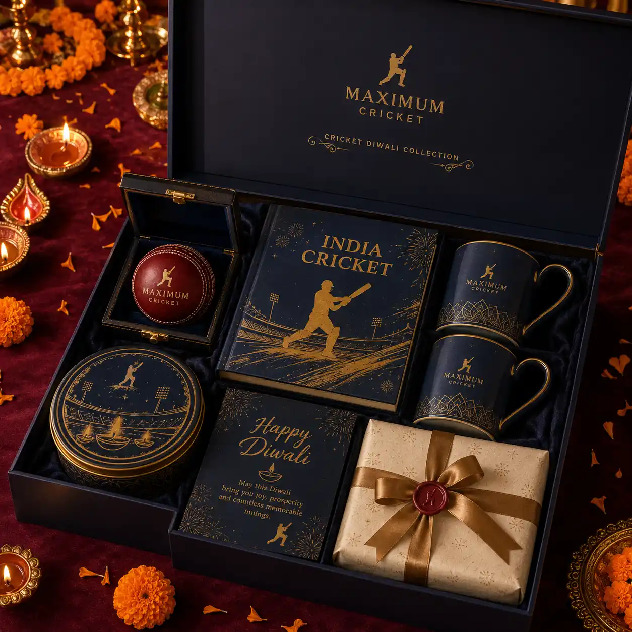 Cricket Diwali Collection gift box on burgundy velvet with lit diyas and marigold petals