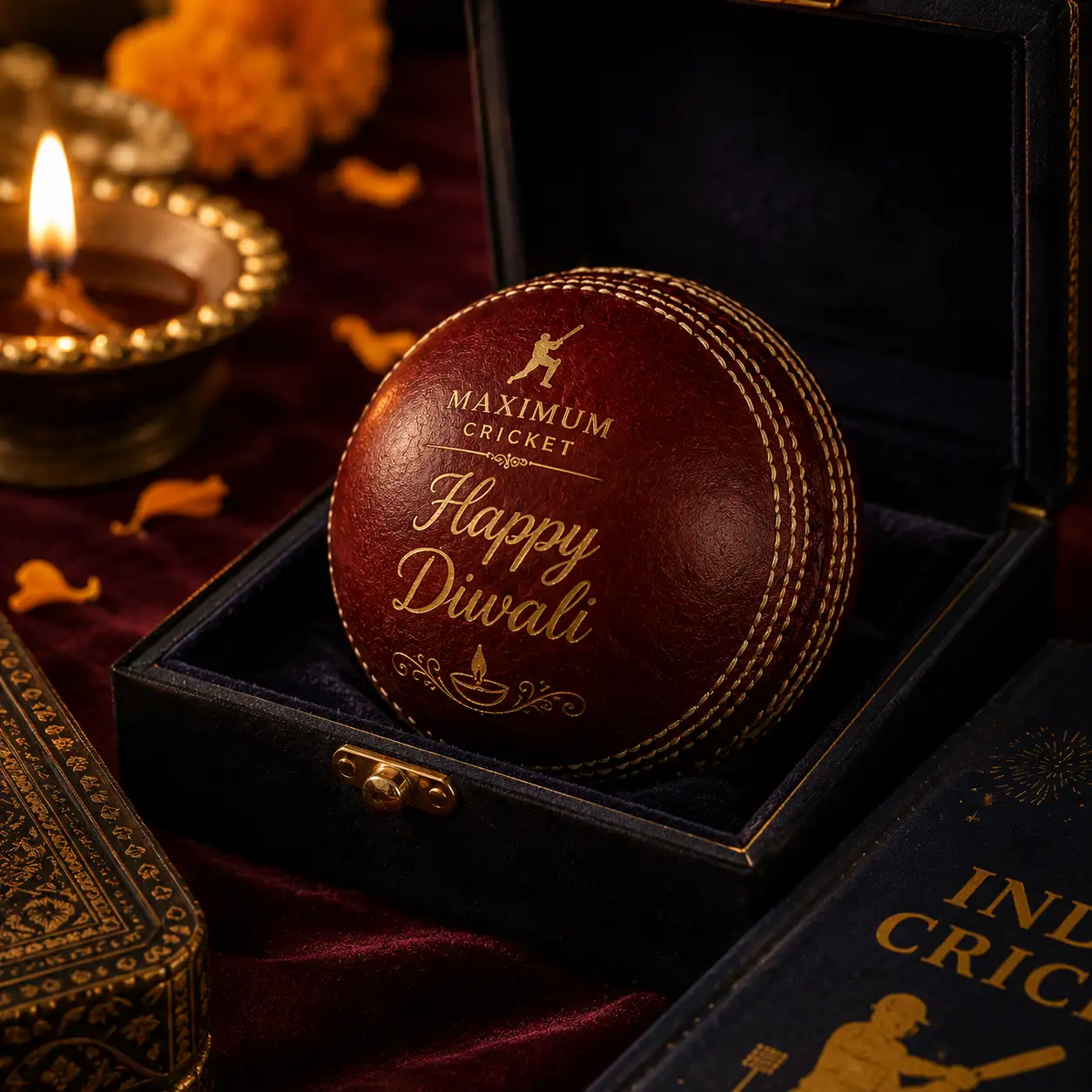 Close-up macro shot of an engraved cricket ball lit by warm diya light