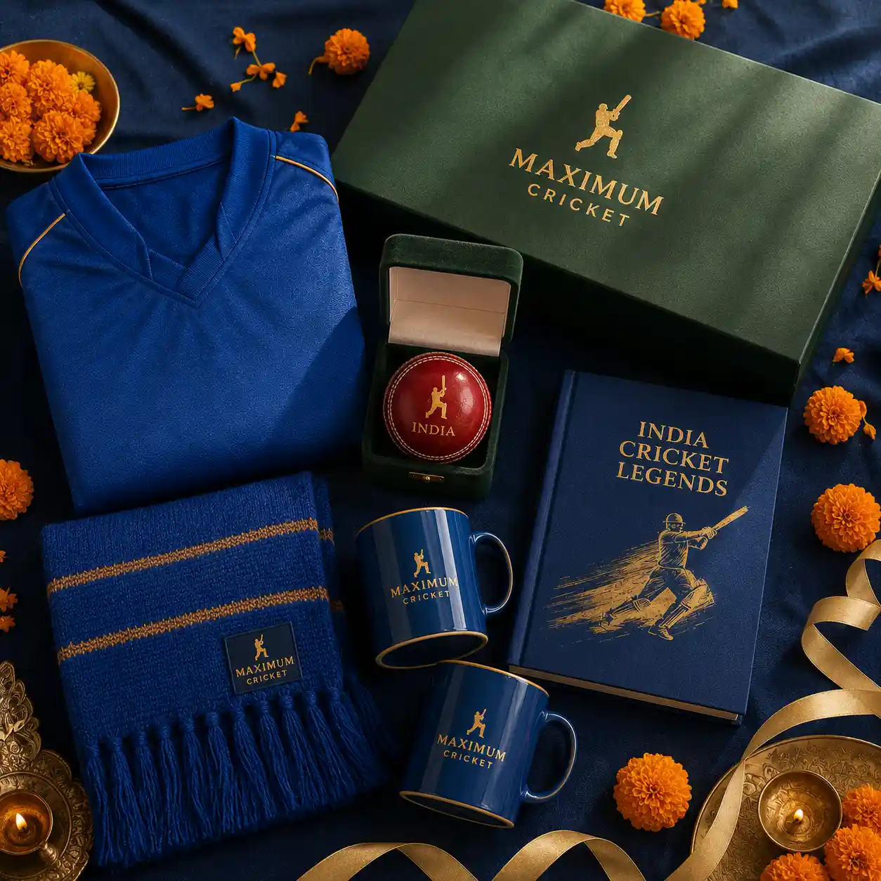 Flat lay of India Cricket Legends Box contents styled with marigold flowers on a midnight blue textile