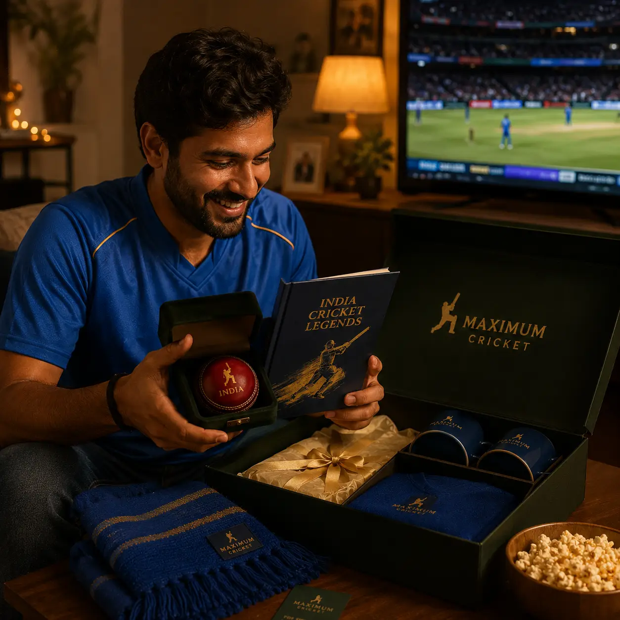 Fan enjoying the India Cricket Legends Box at home during an India match night
