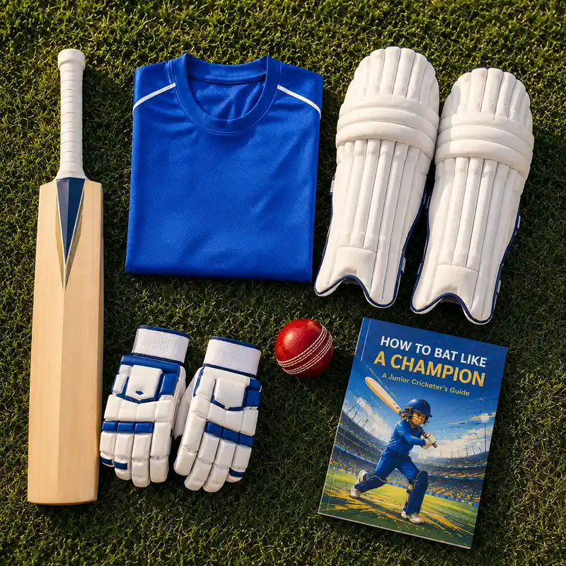 Flat lay of India Junior Cricket Academy Kit bat, pads, gloves, ball and jersey on grass