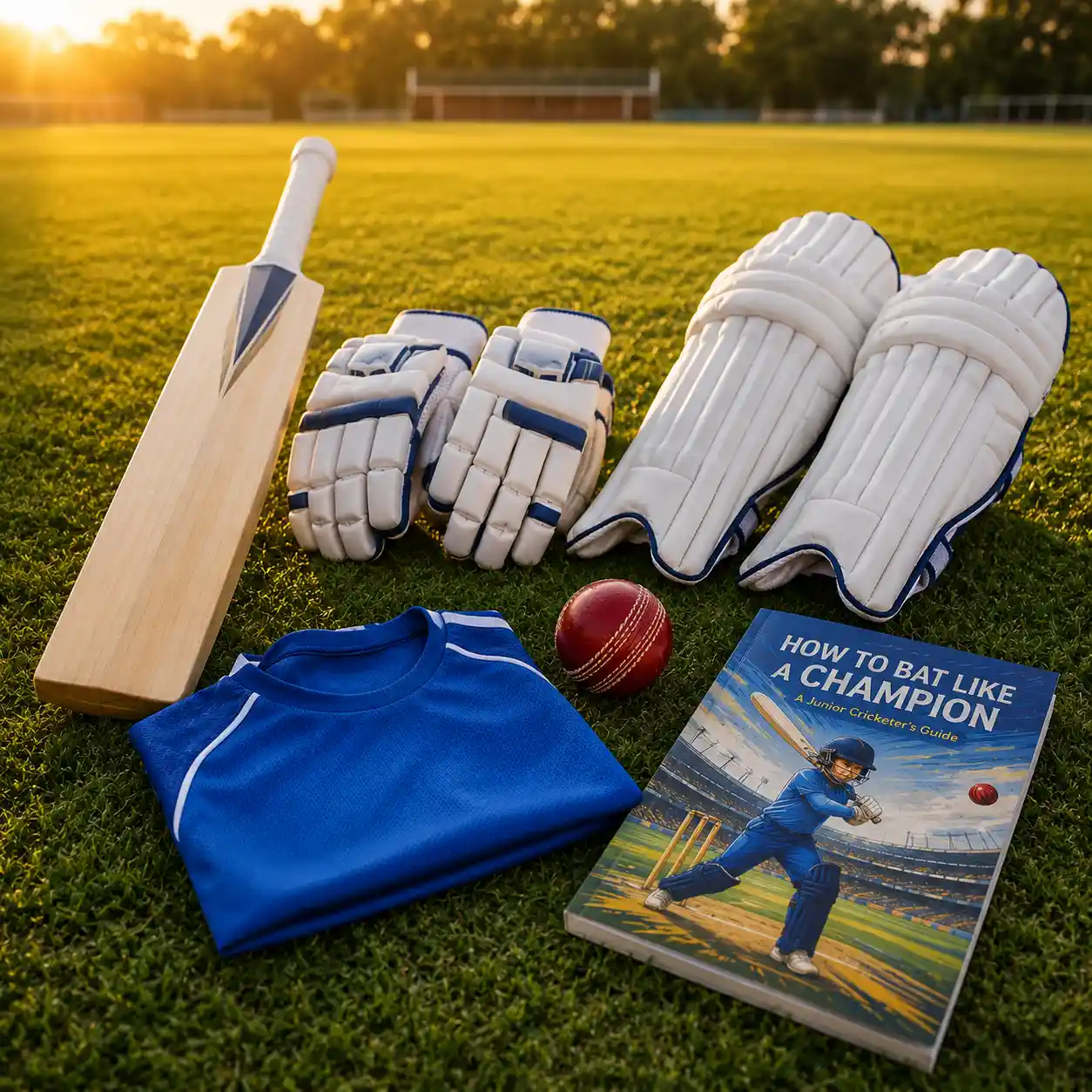 India Junior Cricket Academy Kit and junior cricket gear on a cricket ground at golden hour
