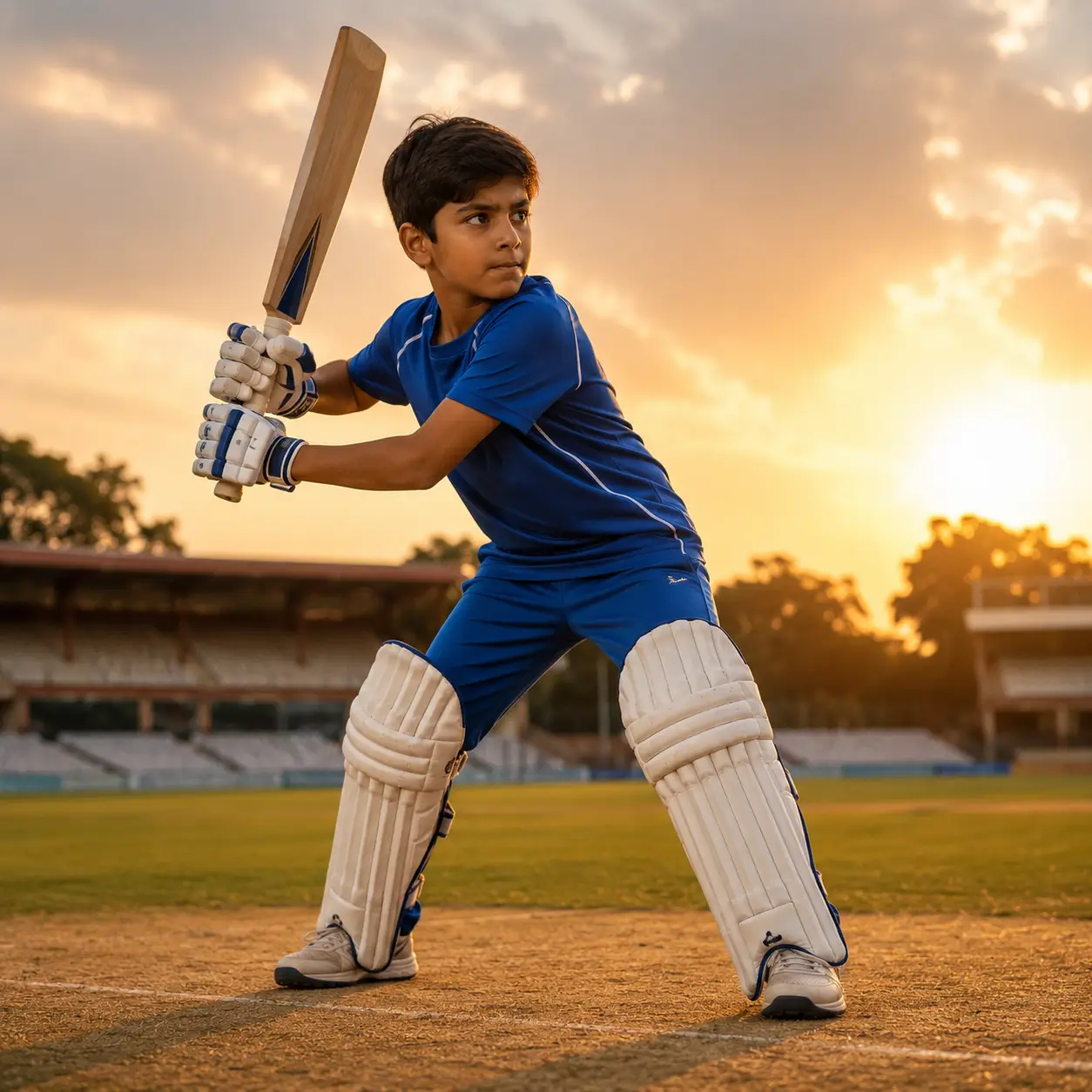 Young cricketer in a batting stance on a cricket ground at golden hour wearing the India Junior Cricket Academy Kit jersey
