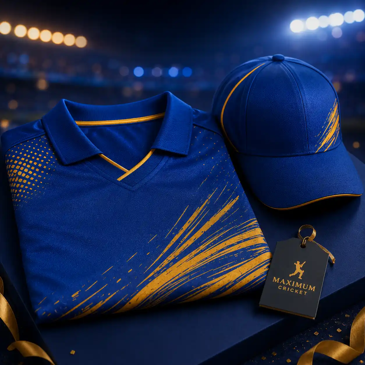 Close-up of a premium IPL jersey folded with stadium bokeh lighting in the background