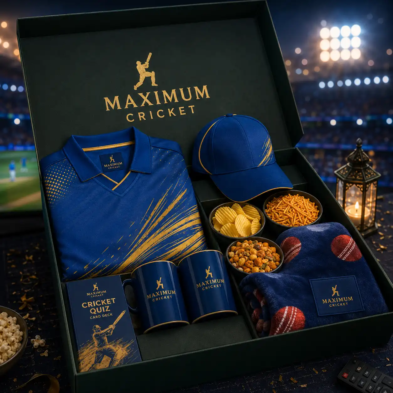IPL Match Night Box opened with team jersey, cap, mugs, snacks and quiz card deck