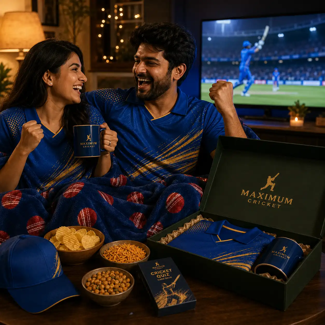 Two people enjoying the IPL Match Night Box at home during a live match
